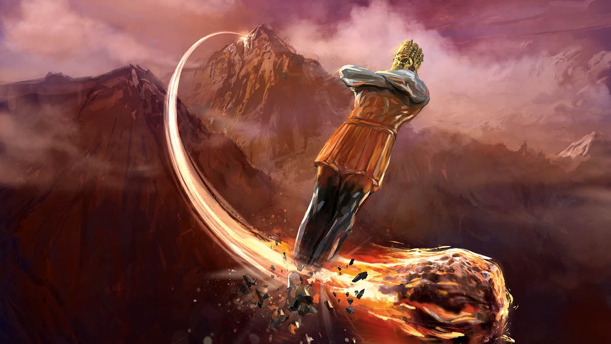 Una piedra que sale de una montaña golpea los pies de una enorme estatua de metal.