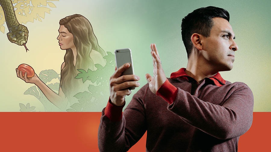Serie de imágenes: 1. Eva contempla el fruto prohibido en su mano ante la mirada de la serpiente. 2. Un hombre evitando mirar lo que aparece en la pantalla del teléfono que tiene en la mano.