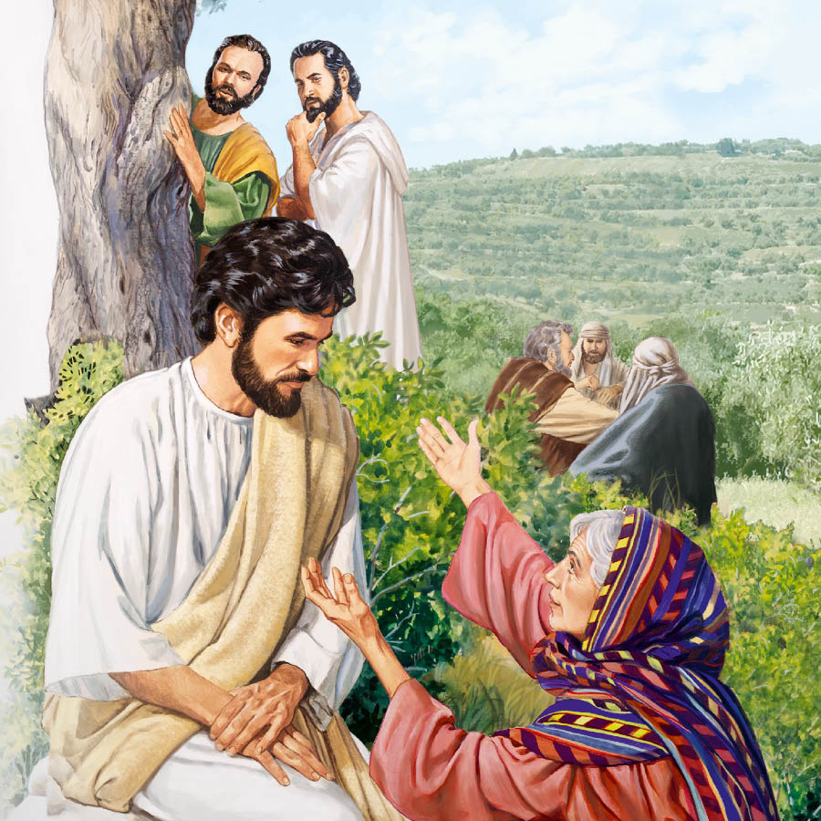 Jesús hablando con la madre de Santiago y Juan. Al fondo, Santiago y Juan los miran desde detrás de un árbol.