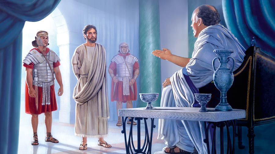 Poncio Pilato está sentado interrogando a Jesús, que está atado y custodiado por dos soldados romanos.