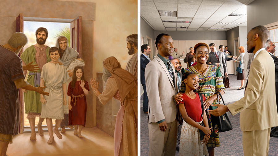 Serie de imágenes: 1. José, María y sus hijos entran en una sinagoga y otros israelitas les dan la bienvenida. 2. Un matrimonio llega con su hija a un Salón del Reino y un hermano les da la bienvenida.