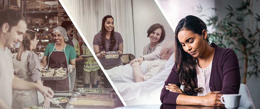 Serie de imágenes: 1. Una hermana está sentada orando. 2. La hermana sirve comida en una obra de construcción de la organización. 3. La hermana visita a un matrimonio en el hospital y les lleva comida. La esposa está consolando a su esposo, que está en cama.