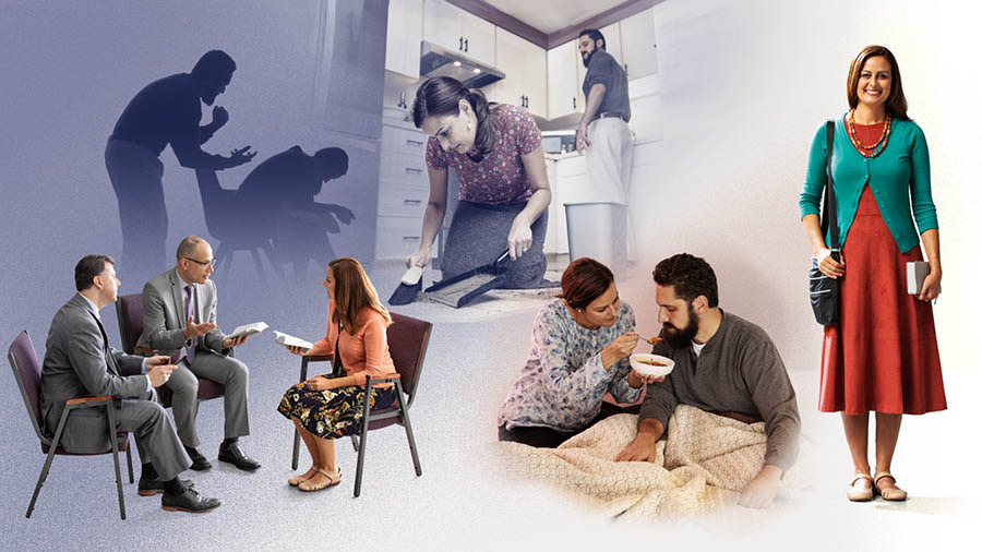  De pie, una hermana sonriente que representa a Yasmín. Serie de imágenes: 1. Su esposo la reprende enojado. 2. Escucha a dos ancianos que la animan con ideas de la Biblia. 3. De rodillas, limpia el suelo de la cocina mientras su esposo la mira desde arriba. 4. Le da de comer a su esposo cuando está enfermo en cama.