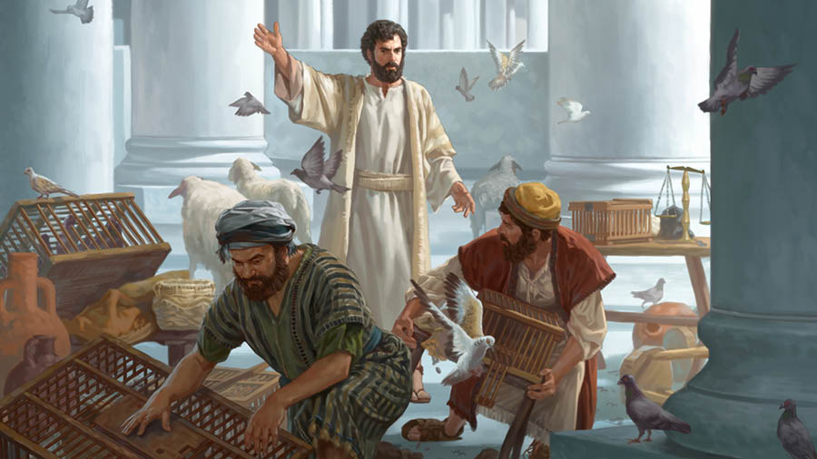 Jesús echando del templo a unos comerciantes, que se apresuran a sacar de en medio sus mercancías y animales.