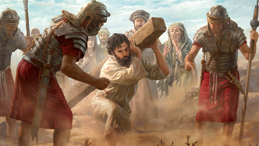 Jesús llevando su madero de tormento mientras lo presionan los soldados romanos y muchas personas observan.