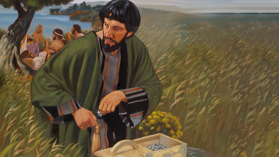 Judas Iscariote robando una moneda de la caja del dinero y metiéndola en una bolsita.