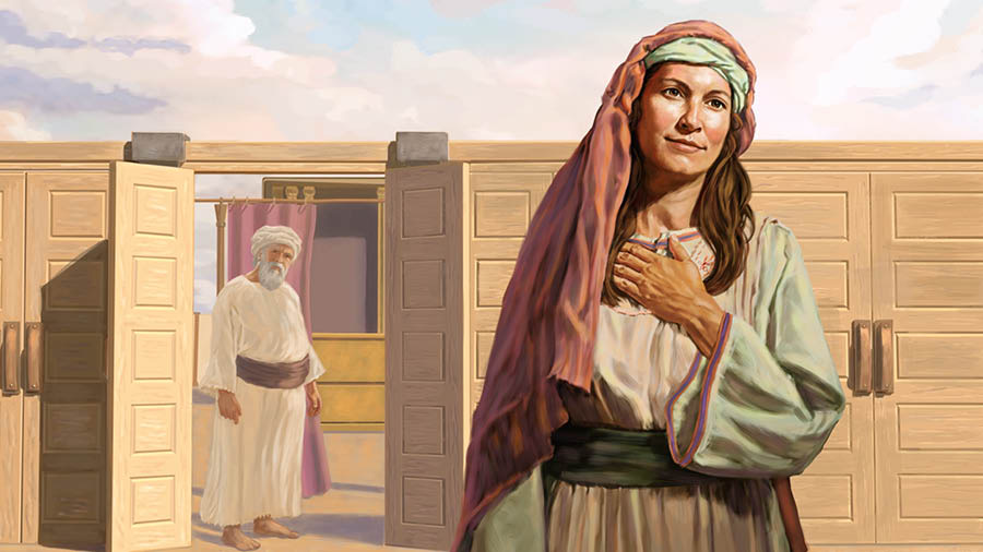 Ana sale del tabernáculo con el rostro tranquilo mientras el sumo sacerdote Elí la observa.
