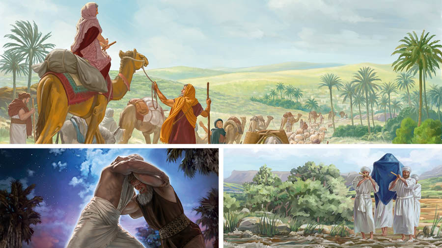 Serie de imágenes: 1. Sara va en un camello y la acompañan miembros de su casa. 2. Jacob lucha con un ángel. 3. Unos sacerdotes van cargando el arca del pacto y meten los pies en las caudalosas aguas del río Jordán.