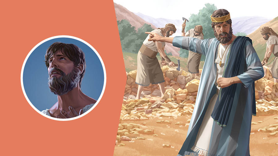 Serie de imágenes: 1. El rey Manasés le suplica a Jehová. 2. Más tarde, les dice a sus trabajadores que destruyan las imágenes que él había puesto en el templo.