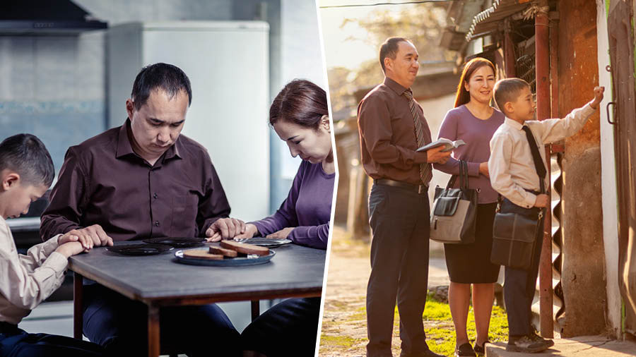Serie de imágenes: Una familia enfrenta problemas económicos. 1. Oran juntos antes de comer el poquito alimento que tienen. 2. Más tarde, ese mismo día, salen a predicar de casa en casa.