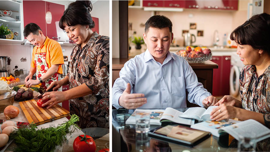 Serie de imágenes: 1. Con gusto, un esposo ayuda a su esposa a cocinar. 2. El esposo y la esposa durante la Noche de Adoración en Familia.