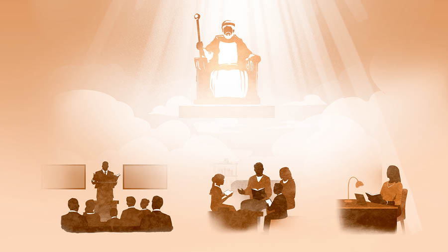 Los rayos de la gloria de Jehová iluminan a Jesús, sentado en su trono celestial. Debajo de él, se ve una reunión de congregación, una familia durante la adoración en familia y una hermana estudiando a solas. Las imágenes se repiten en los párrafos 8 y 11 a 14.