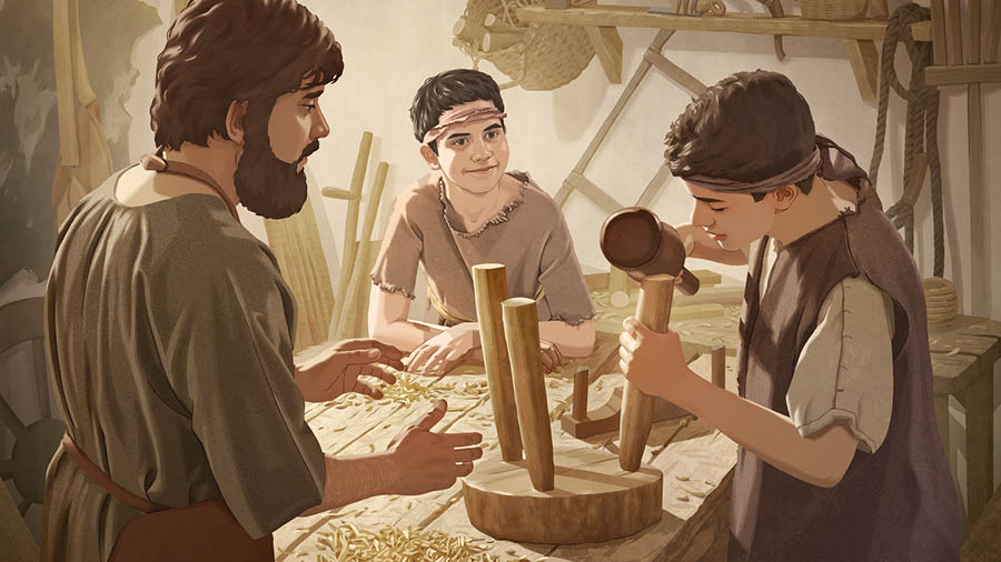De niño, Santiago mira cómo José le enseña a Jesús el oficio de carpintero.