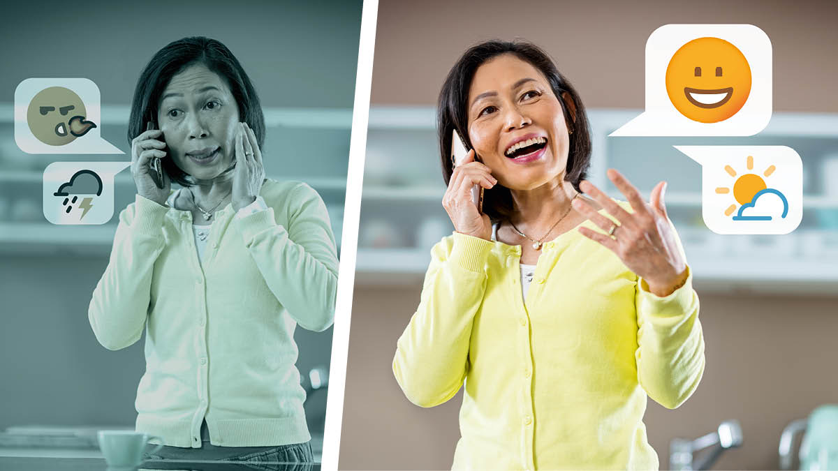 Serie de imágenes que muestran dos escenas diferentes en una conversación. 1. La imagen de antes de la hermana que habla por teléfono. Los emoticonos representan palabras hirientes o negativas. 2. La hermana sonríe feliz mientras habla por teléfono. Los emoticonos de una cara sonriente y de un gran sol detrás de una nubecita blanca representan una conversación positiva.