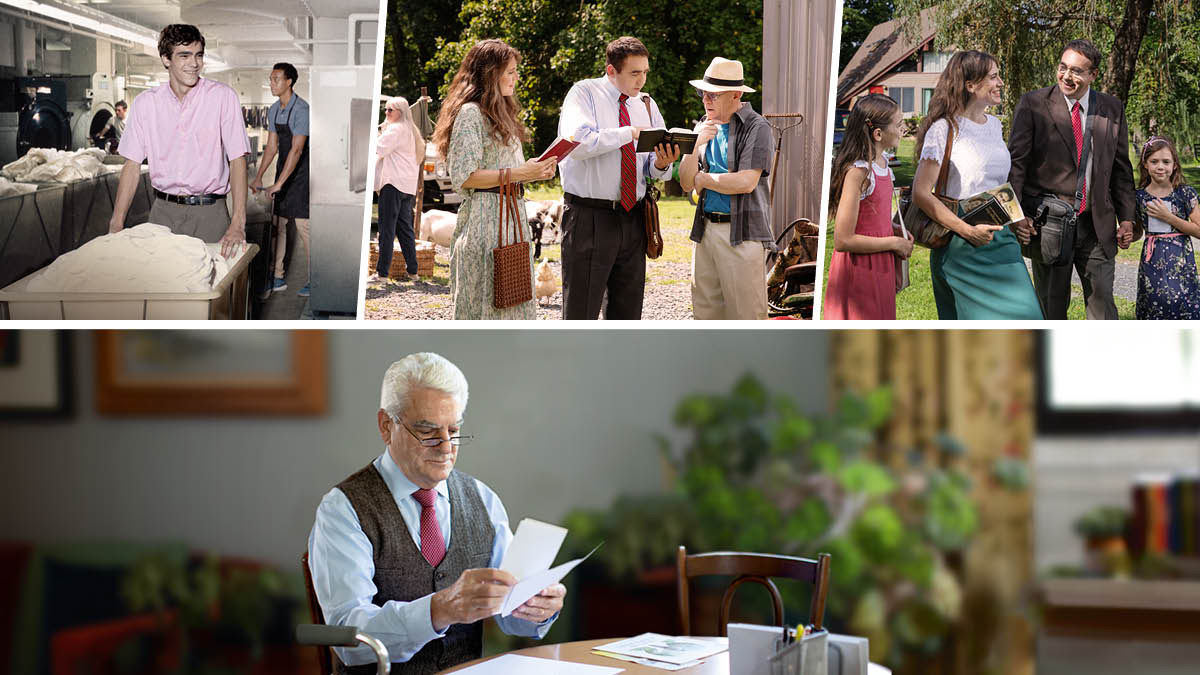 Imágenes de un hermano que le da lo mejor de él a Jehová en diferentes etapas de su vida. 1. De joven trabaja en la lavandería de Betel. 2. Después es precursor con su esposa. 3. El hermano está predicando con su esposa y sus dos hijas. 4. Ahora que ya es mayor, predica por carta.