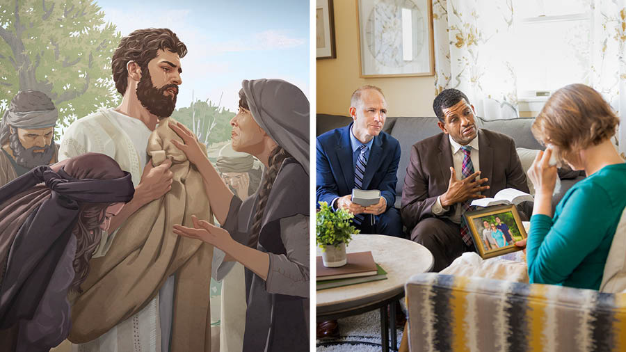 Serie de imágenes: 1. Jesús llora junto con María, Marta y otras personas. 2. Dos ancianos consuelan a una hermana que ha sufrido la muerte de un familiar.