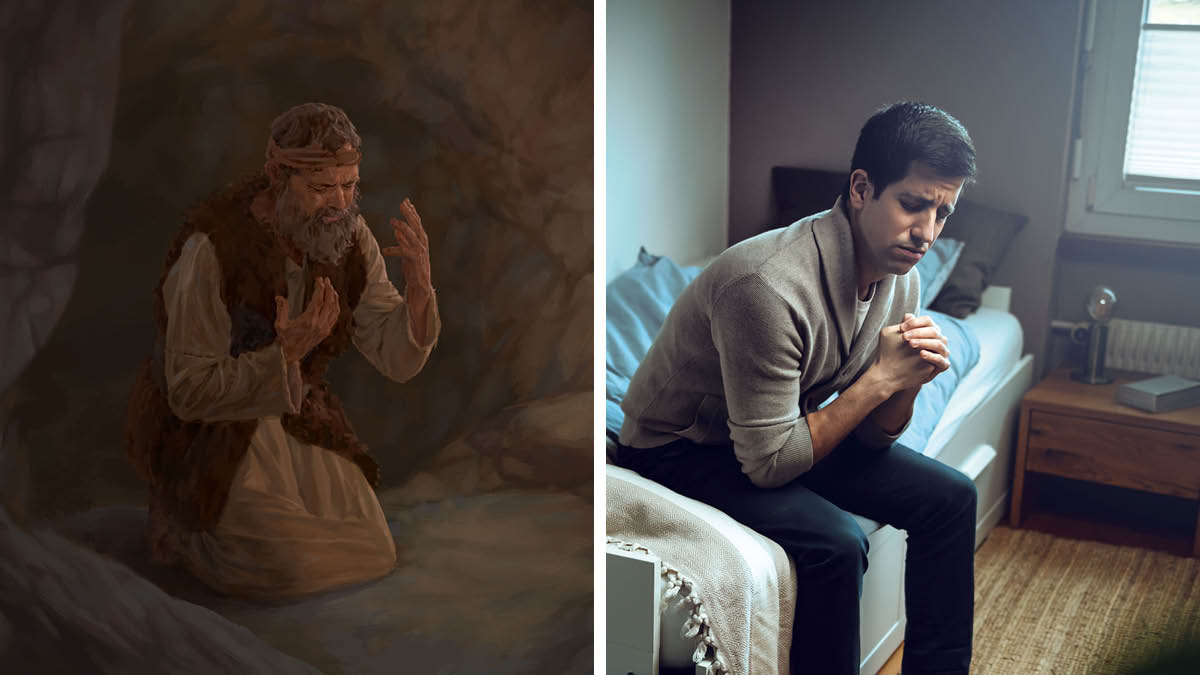 Serie de imágenes: 1. Elías ora con todas sus fuerzas dentro de una cueva. 2. Un hermano ora con todas sus fuerzas en su dormitorio.