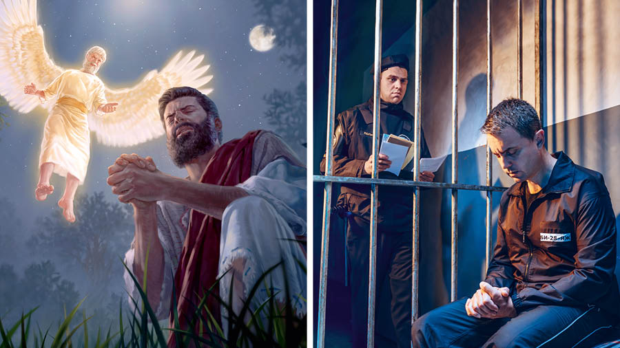 Serie de imágenes: 1. Jesús ora mientras un ángel llega para fortalecerlo. 2. Un hermano que está en un celda ora mientras lo observa un carcelero.