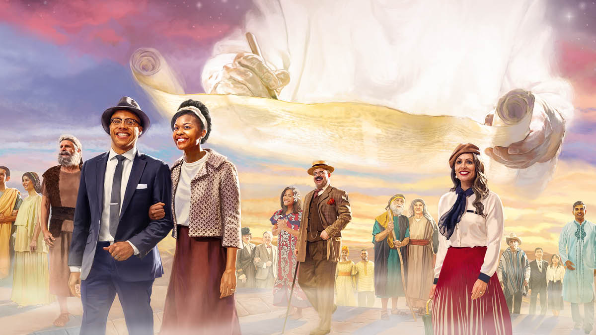 Serie de imágenes: 1. Jehová escribe en un rollo. 2. Personas felices de diferentes culturas y épocas caminan juntas.