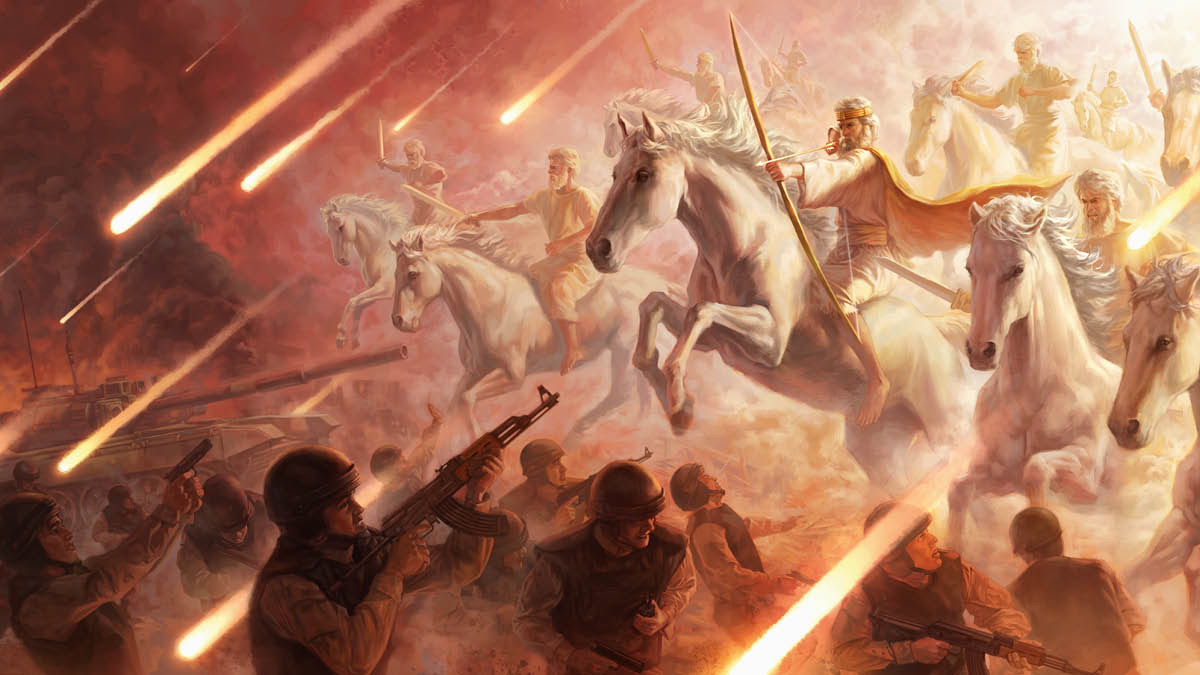 Los ejércitos celestiales de Jehová en caballos blancos atacan a hombres armados en la Tierra.