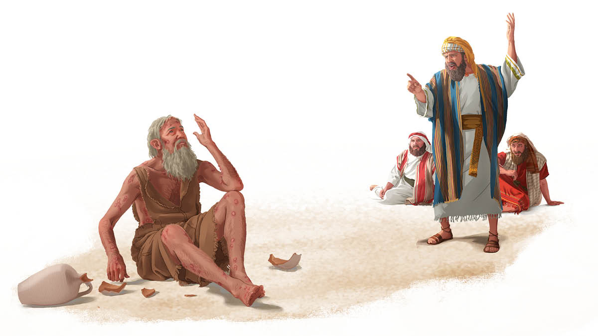 Job, cubierto de úlceras, está sentado en el suelo y mira hacia el cielo. Uno de los tres falsos amigos señala hacia el cielo y se burla de Job.