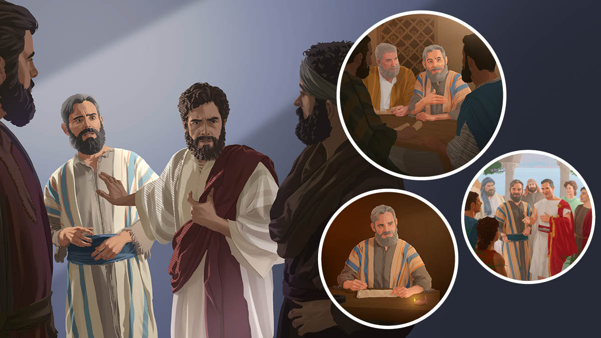 Jesús reprende a Pedro delante de otros apóstoles. Serie de imágenes: Responsabilidades que se le encargaron con el tiempo a Pedro. 1. Pedro en una reunión con los apóstoles y ancianos en Jerusalén. 2. Visita a Cornelio y su casa. 3. Escribe en un rollo.