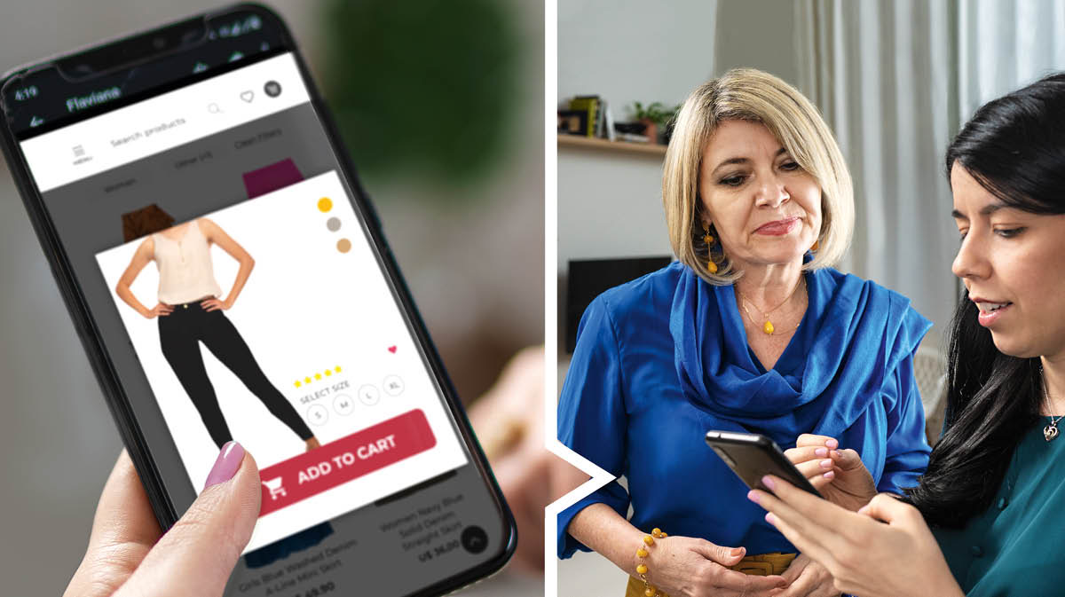 Serie de imágenes: 1. Una hermana joven comprando por internet. Se está fijando en una blusa reveladora y en unos pantalones ajustados. 2. La hermana joven le muestra a una hermana madura lo que le gustaría comprar.