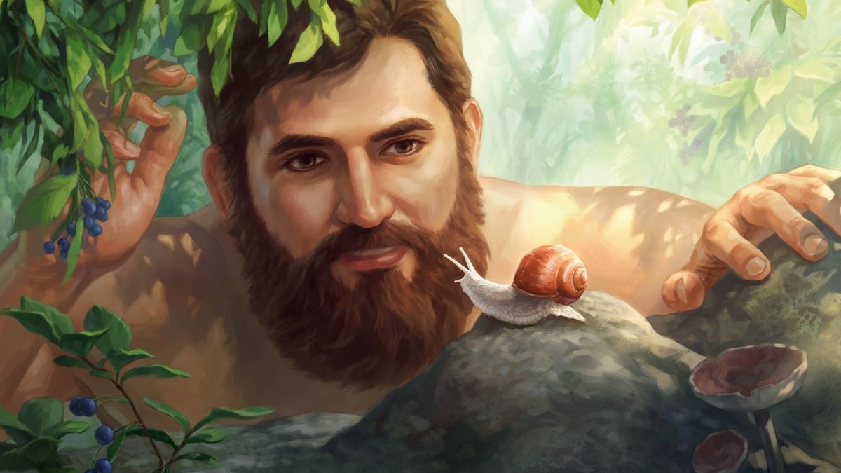 Adán observa con curiosidad a un caracol que está sobre una roca.