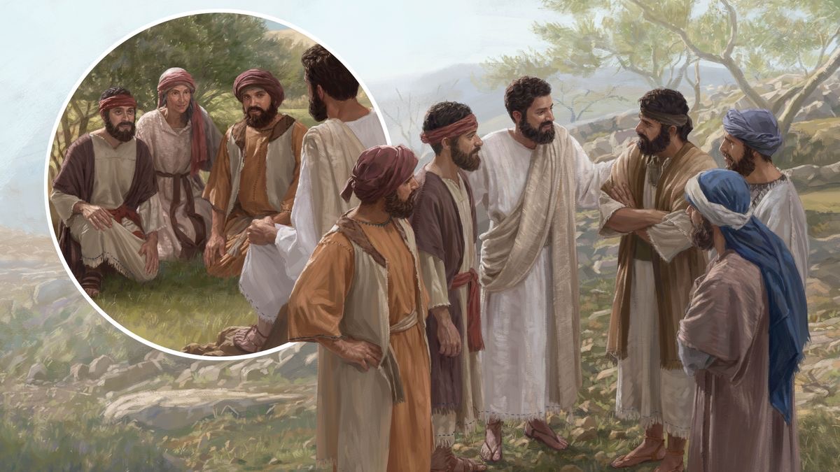 Jesús les habla con cariño a sus discípulos. En un círculo aparecen Santiago, Juan y la madre de ellos hablando con Jesús.