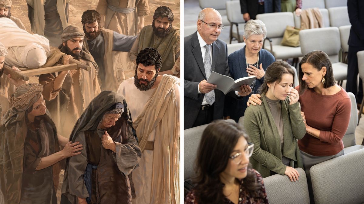 Serie de imágenes: 1. Durante una procesión funeraria, Jesús consuela a una madre destrozada. 2. En el Salón del Reino, mientras los demás cantan, una hermana consuela a otra que está llorando.