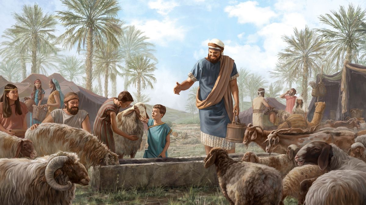 Jacob está con su familia y sus siervos. Le dan agua a un gran rebaño de ovejas y cabras.
