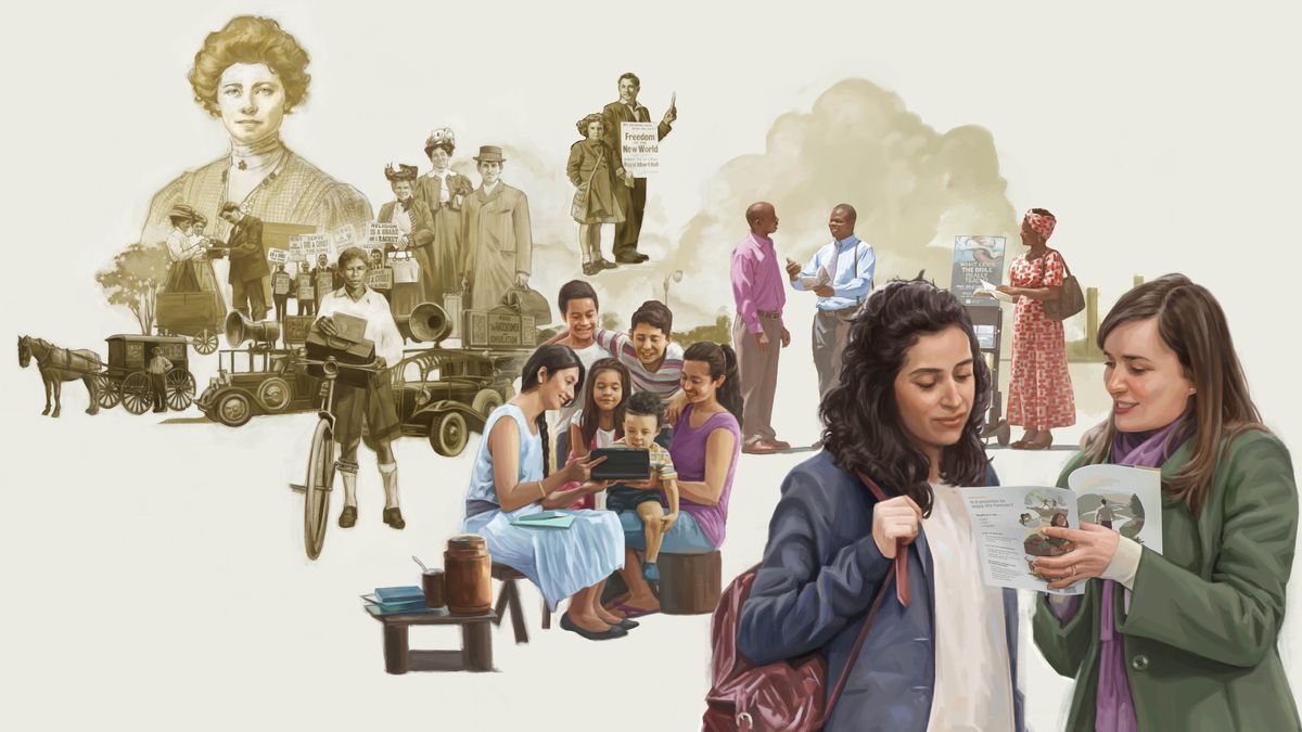 Varios hermanos y hermanas utilizan diferentes métodos para predicar las buenas noticias desde 1919 hasta nuestros días.