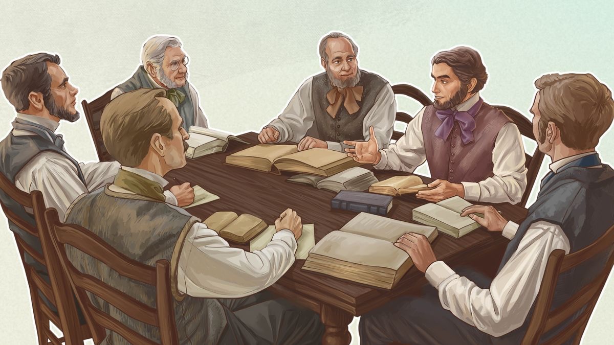 El hermano Russell y otros estudiantes de la Biblia consultan diferentes ayudas para entender la Biblia y comentan lo que han descubierto.