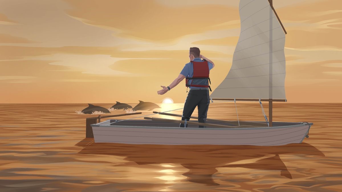 El mismo hombre observa desde el barco a un grupo de delfines que saltan a la puesta del sol.
