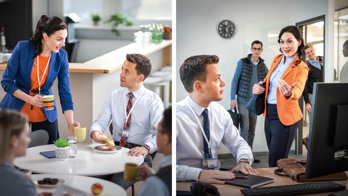 Serie de imágenes: 1. Un hermano está haciendo la pausa del almuerzo en su lugar de trabajo, y una compañera le ofrece un café. 2. La misma compañera invita al hermano a salir con ella y otros compañeros después del trabajo.