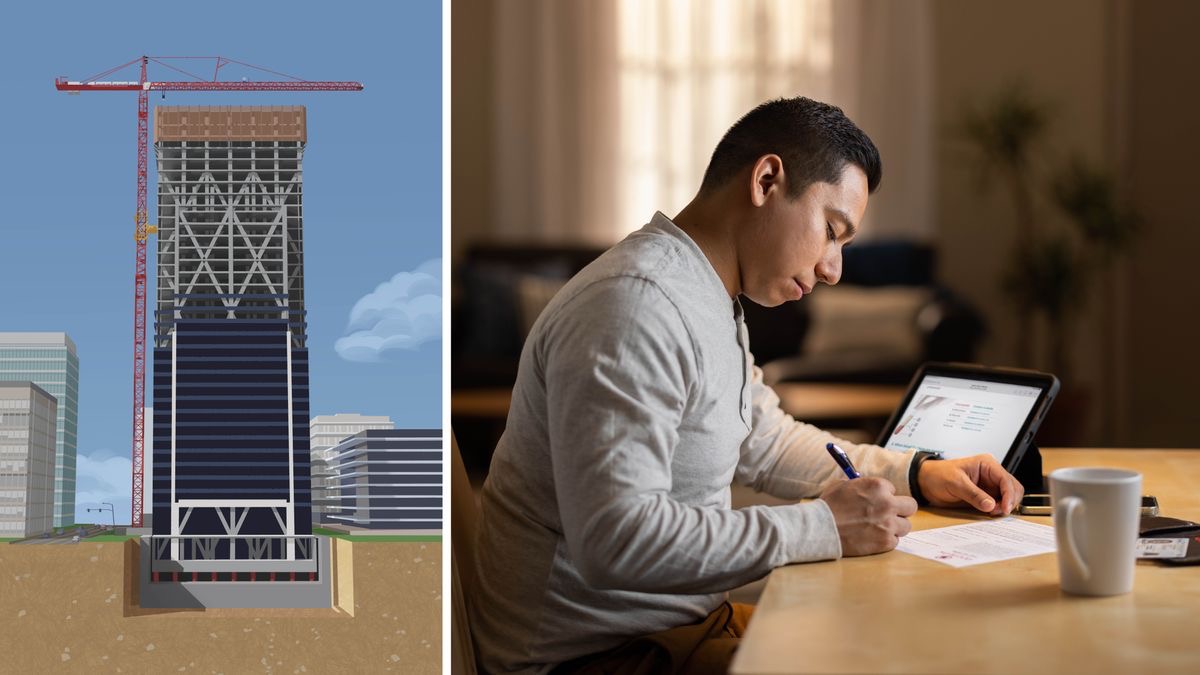 Serie de imágenes: 1. Se construye un edificio muy alto sobre una base firme y sólida. 2. Un hermano llena su tarjeta de negativa a la sangre. Al lado tiene su tableta con la lección 39 del libro “Disfrute de la vida”.