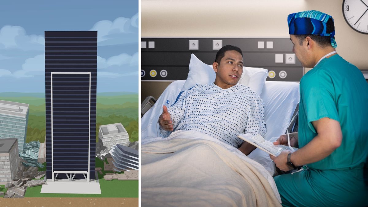 Serie de imágenes: 1. El edificio sigue en pie. En cambio, los que estaban a su alrededor colapsaron debido a un desastre natural. 2. El hermano, que ahora está hospitalizado, habla con un médico tarde en la noche.