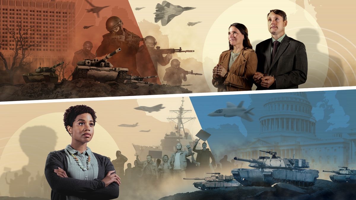 Serie de imágenes: 1. El matrimonio de antes, con las manos esposadas pero lleno de confianza. Al fondo se ve el edificio del Gobierno ruso y un mapa de Rusia. El ejército ataca con ametralladoras, aviones de guerra y tanques. 2. La hermana de antes, llena de confianza. Al fondo se ve el Capitolio de Estados Unidos y unos mapas del Reino Unido y de Estados Unidos. Un grupo de personas enojadas en una manifestación, y un ataque con tanques, buques de guerra y aviones.