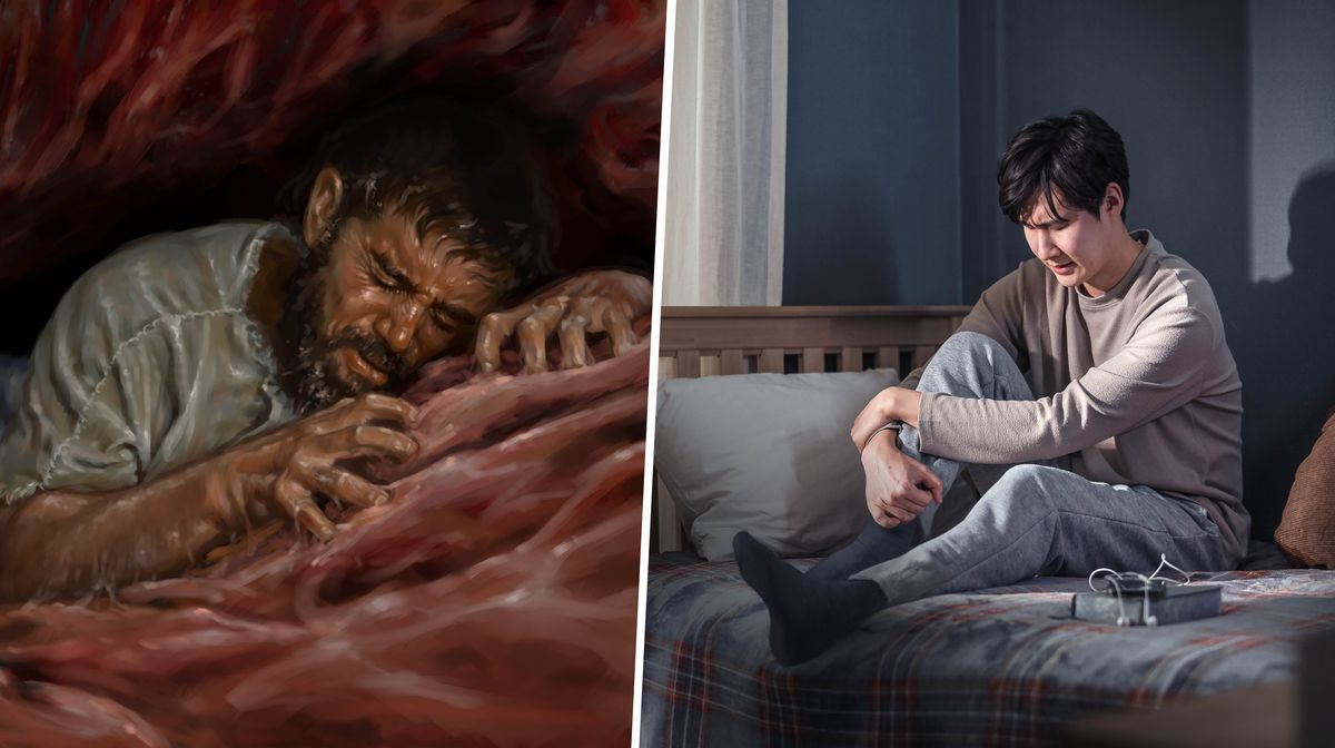 Serie de imágenes: 1. Jonás le ora de corazón a Jehová en el vientre de un pez. 2. Un hermano le ora de corazón a Jehová en su dormitorio. A su lado tiene una Biblia y un teléfono con auriculares.