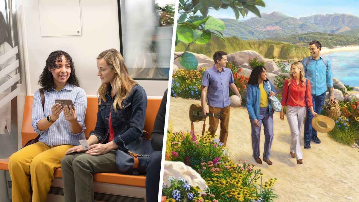 Serie de imágenes: 1. Una hermana usa su teléfono para predicarle a una mujer en el tren. 2. En el nuevo mundo, la hermana y su esposo pasean felices con la mujer del tren y su esposo.
