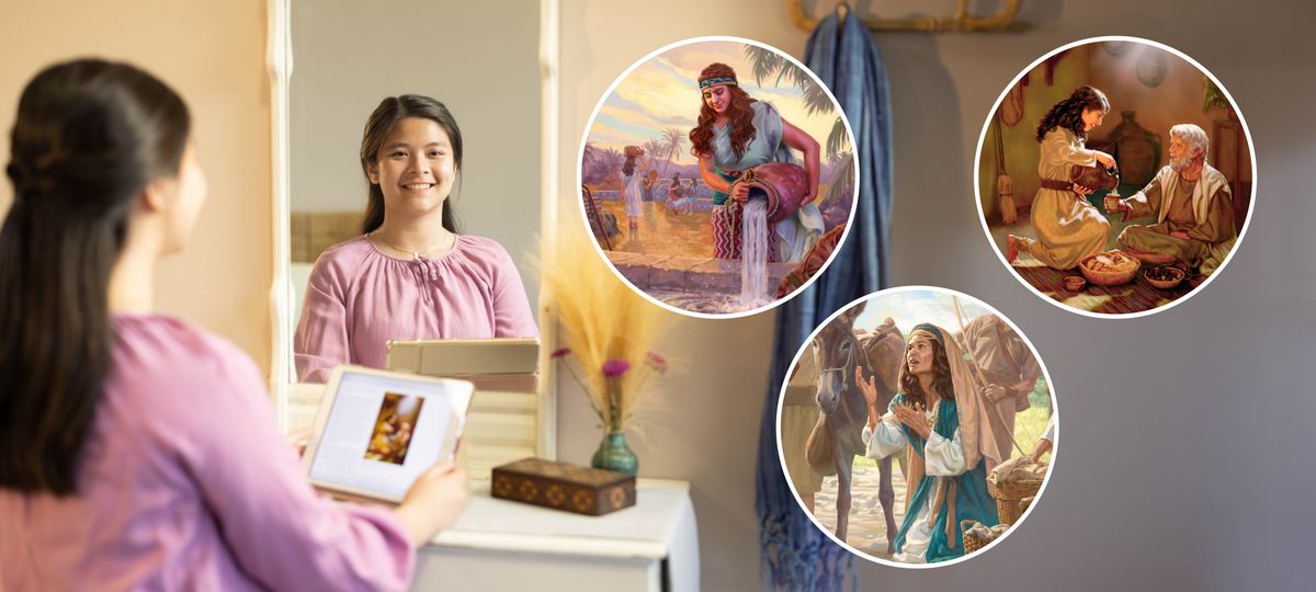 Serie de imágenes: Una hermana joven se ve en el espejo y medita en lo que lee en una publicación bíblica. Imágenes destacadas: 1. Rebeca echa agua en un bebedero para un camello. 2. Ester le sirve comida a Mardoqueo. 3. Abigaíl se arrodilla y suplica por su vida y por la de los que viven en su casa.
