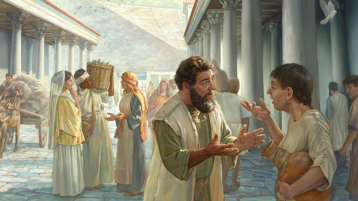 Cristianos del siglo primero predicando en una calle de Éfeso repleta de gente.