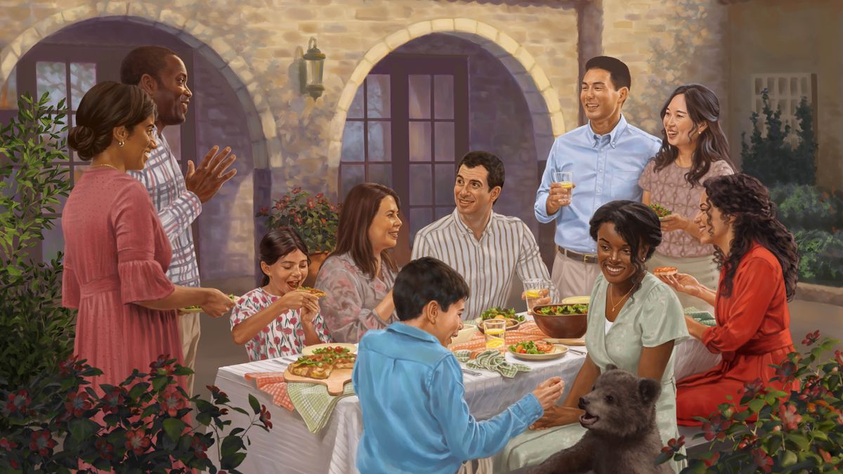 Los mismos hermanos, menos el que había preferido sentarse solo, disfrutando de una comida en el Paraíso. Un niño le da comida a un osito.