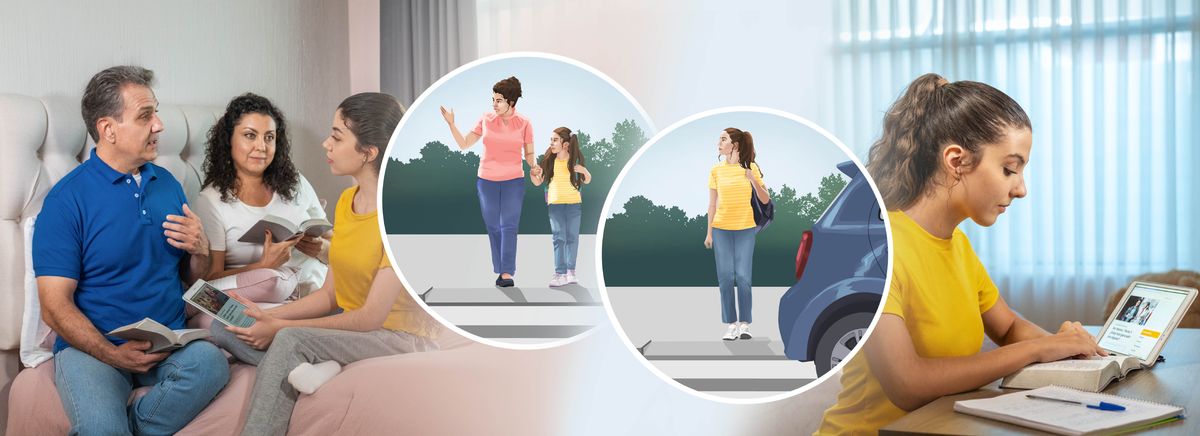 Serie de imágenes: 1. Una hermana joven escuchando a sus padres. Ella tiene una tableta con un artículo en la pantalla, y ellos tienen sus biblias abiertas. 2. La misma joven hace su estudio personal con una tableta, la Biblia y un cuaderno. Imágenes dentro de círculos: 1. Una mujer lleva a su hijita agarrada de la mano y le recuerda que antes de cruzar la calle debe mirar a los dos lados. 2. La hijita ya es adolescente y aparece cruzando la misma calle ella sola.