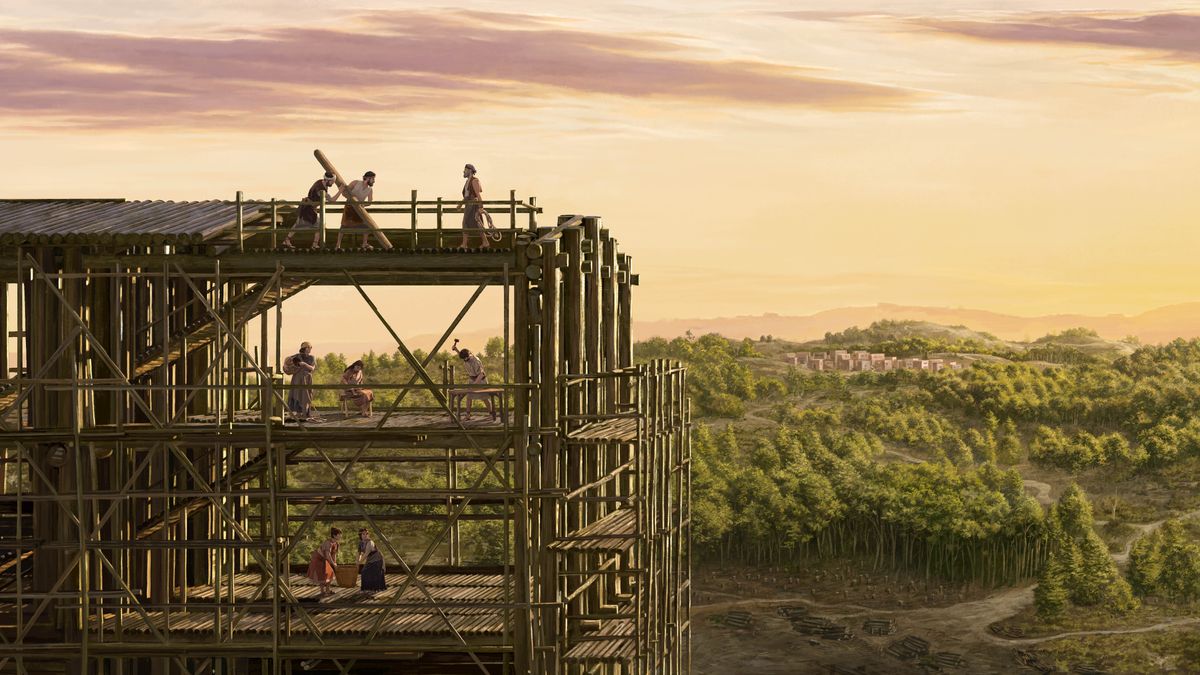 Noé y su familia trabajan en la construcción del arca. A lo lejos se ve un pueblo rodeado por el bosque.
