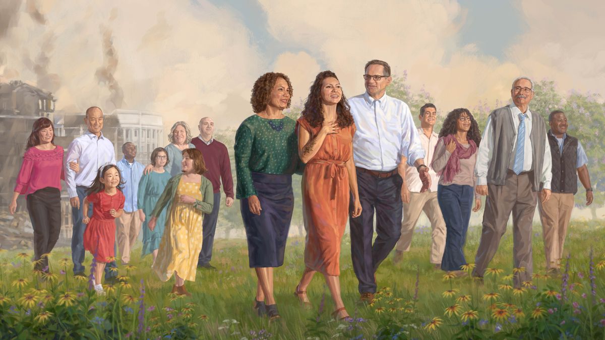 La joven sale de la gran tribulación junto con sus padres y otras personas.