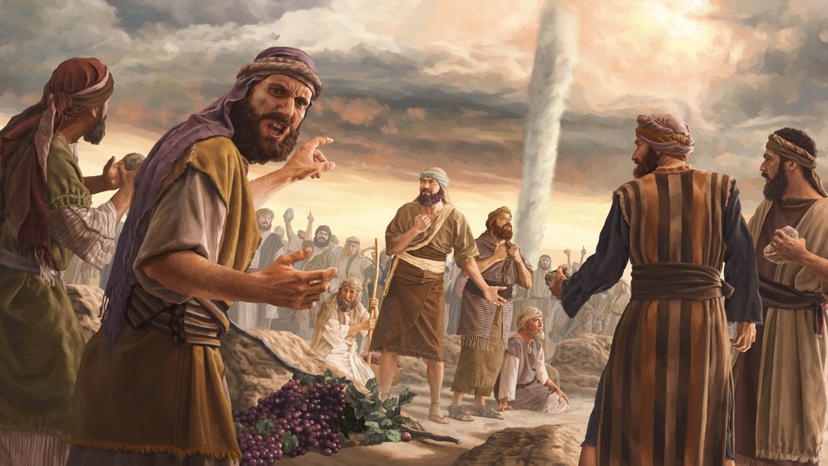 Josué y Caleb les hablan a los israelitas, que están furiosos y quieren apedrearlos. Al fondo se ve la columna de nube.