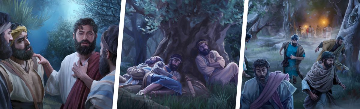Imágenes de Jesús y sus apóstoles por la noche en el jardín de Getsemaní. 1. Jesús habla con sus apóstoles. 2. Los apóstoles duermen. 3. Los apóstoles huyen cuando Jesús es arrestado.