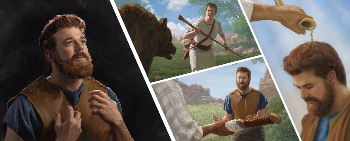 Imágenes de David reflexionando en las formas en que Jehová lo había ayudado y lo estaba ayudando. 1. De joven, David utiliza una vara para pelear con un oso que lo está atacando. 2. Estira las manos para que Ahimélec le dé la espada de Goliat. 3. Lo ungen con aceite.