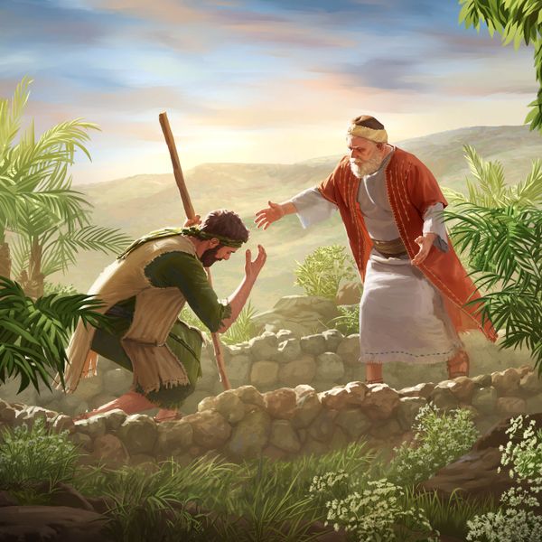 El hijo perdido de la parábola de Jesús se inclina ante su padre, quien corre a abrazarlo.